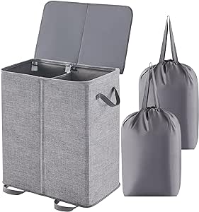 Lifewit 155L Double Laundry Hamper with Lid and Removable Laundry Bags, Large Collapsible 2 Dividers Dirty Clothes Basket with Handles for Bedroom, Laundry Room, Closet, Bathroom, College, Grey