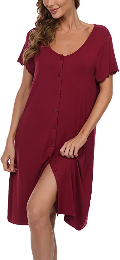 JINKESI Women's Nightgown Short Sleeve Sleep Nightshirt Button Down Sleepwear Soft Pajama Dress