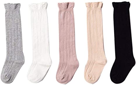 Bestjybt Baby Girls Boys Knee High Socks Cotton Newborn Infants Toddlers Cable Knit Tube Ruffled Stockings, 5 Pairs