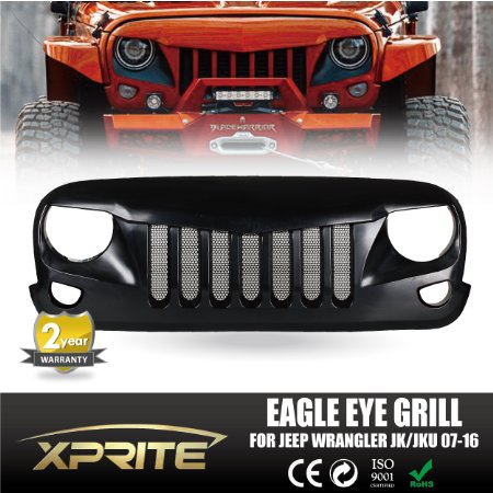 Xprite Front Matte Black Eagle Eye Grille Grid Grill W Mesh Insert for Jeep Wrangler Rubicon Sahara Sport Jk 2007-2016