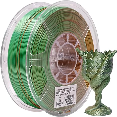 eSUN Silk Mystic PLA Filament 1.75mm, Shiny Silk Three Color Co Extrusion 3D Printer Filament, 1KG (2.2 LBS) Spool 3D Printing Color Change Filament for 3D Printers,Gold Green Black