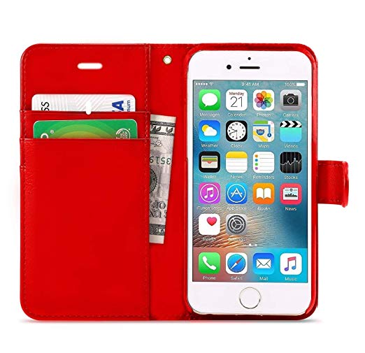 iPhone 6/6s Case, DN-Alive Wallet Book Case, Flip Case PU Premium Leather [Red] [Card Holder] iPhone 6/6s Cover - Id Holder [Drop Resistance] [Scratch Proof] [Shockproof] Case for iPhone 6/6s