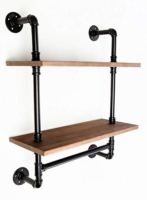 BARANG Industrial Pipe Shelf, Farmhouse Wall Shelf, 24 Inches Long 2-Tiered Bathroom Shelf with Towel Bar, Complete DIY Kit, Cast Iron Material, Easy to Install, Ideal for Any Bathroom