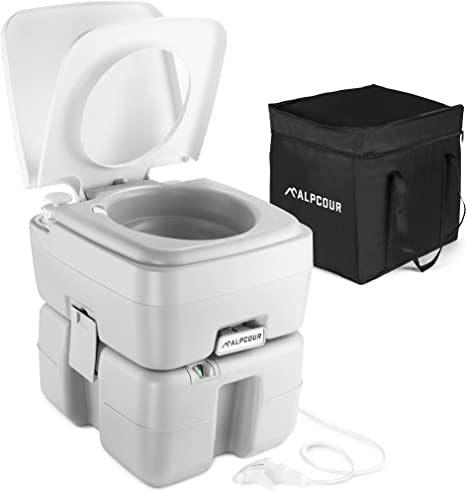 Alpcour Portable Toilet – Compact Indoor & Outdoor Commode w/Travel Bag for Camping, RV, Boat & More – Piston Pump Flush, 5.3 Gallon Waste Tank, Built-In Pour Spout & Washing Sprayer for Easy Cleaning