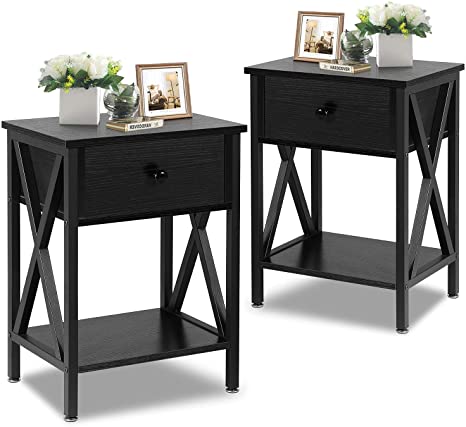 VECELO Night Stands for Bedroom Rustic Nightstand Bedside End Tables with Drawer Storage, Classic Black,Set of 2