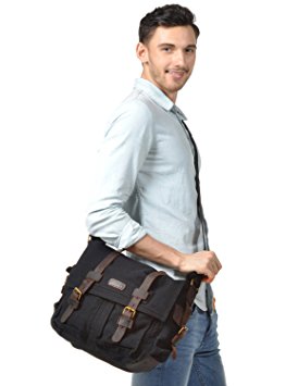 Kattee Retro Unisex Canvas Leather Messenger Shoulder Bag Fits 14.7" Laptop