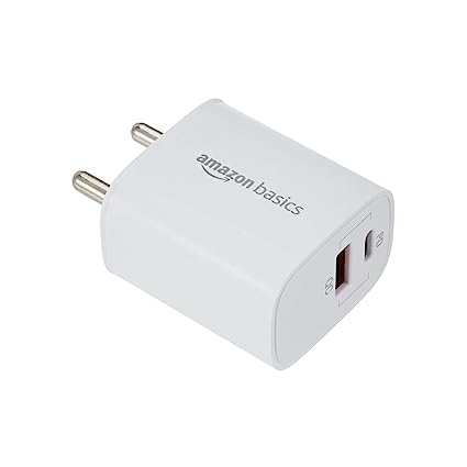 Amazon Basics 33W Dual Port Wall Charger Adapter | Type C and A Fast Charging Adapter, White| for Redmi Note 7/7Pro,8,9/9Pro/10/10S/11S/11 Prime/12C, Narzo N55, Oppo A78 & Other Phones