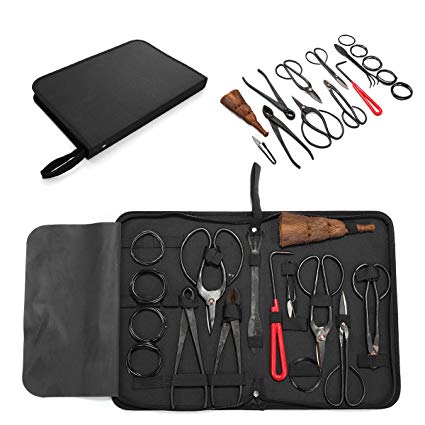 JAXPETY Carbon Steel Bonsai Tool Set 10-Pc Master Professional Shear and Brush Kit with Tool Roll Wires in Heavy Duty Nylon Case