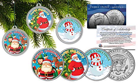 MERRY CHRISTMAS JFK Half Dollar 3-Coin Set Ornaments with Snowman & Santa