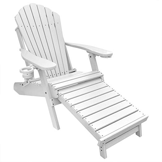 ECCB Outdoor Outer Banks Deluxe Oversized Poly Lumber Folding Adirondack Chair with Integrated Footrest (White) …