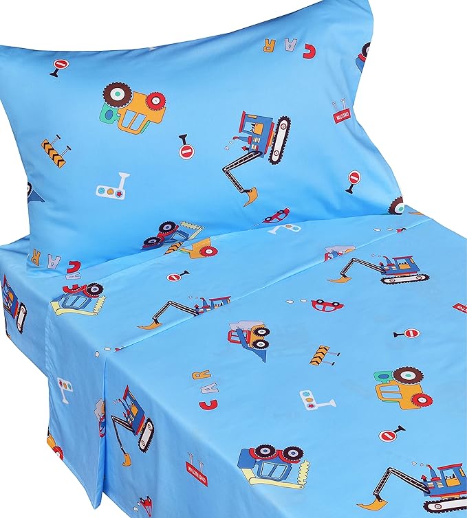 J-pinno Cars Vehicles Digger 100% Cotton 3 Pieces Cartoon Toddler Sheet Set for Kids Boys, Flat Sheet Fitted Sheet and Pillowcase, Cozy Breathable Unisex Nursery Crib Bedding Set (Blue Excavator)