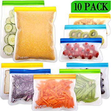 Reusable Food Storage Bags, 10PACK Reusable Sandwich Bags Plastic Free Ziplock Bags - FDA Food Grade PEVA | Extra Thick | BPA Free Reusable Lunch Bag for Kids Snacks, Fruit, Travel, Home Organization