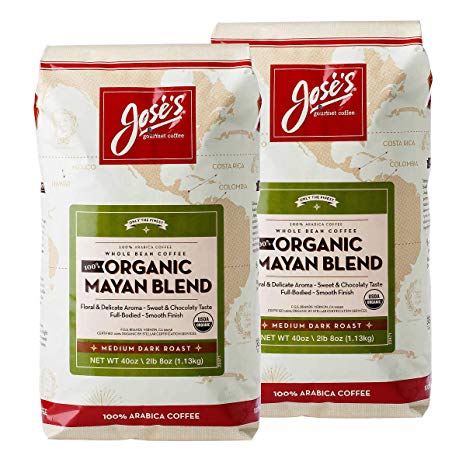 2 Pack, Jose's Whole Bean Coffee, 2lb 8 oz/40 oz, Medium Dark Roast, 100% Certified USDA Organic Mayan Blend, 100% Arabica Coffee