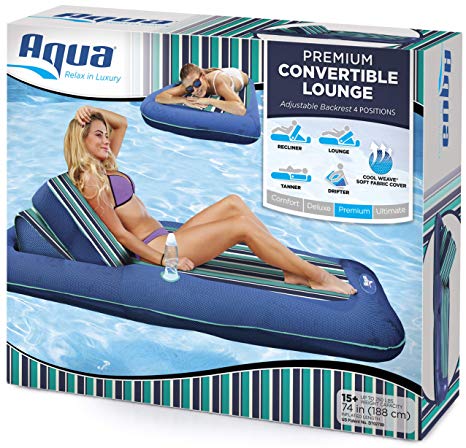Aqua Premium Convertible Pool Lounger, Heavy Duty, X-Large, Inflatable Pool Float, 74” – 90”, Navy/Green/White Stripe