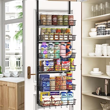 Mefirt Over The Door Pantry Organizer, Wall Mount Spice Rack, 6 Adjustable Baskets Dual-use (Multi-use) Heavy-Duty Metal Hanging Seasoning Storage Rack-Home & Kitchen Organization Shelves - Black