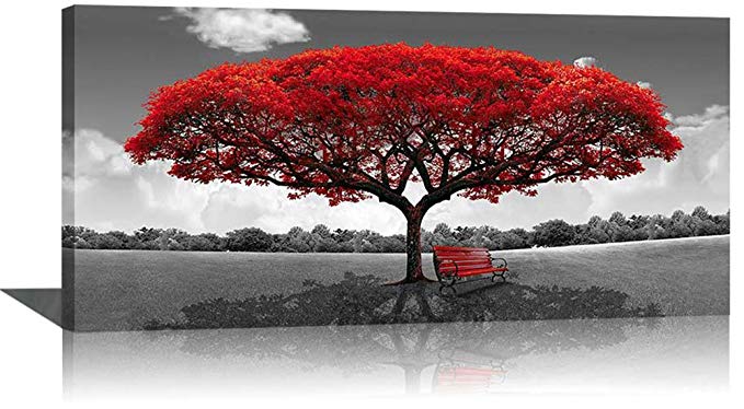 Large Black and White Picture Wall Art Framed Canvas Print Red Tree Bench Decor Modern Artwork for Living Room Bedroom Home Salon Decoration 24x48in