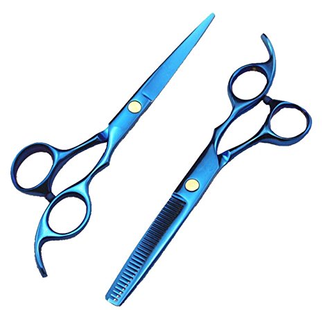 Passion Stainless Steel Professional Hair Cutting Scissors Precision 2-piece Barber Shears Thinning Set 6.0inch (Blue)