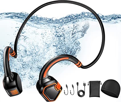 Swimming Headphones Underwater Waterproof Bone Conduction Bluetooth Headphones -Bluetooth 5.1 IP68 Waterproof with MP3 Play 16G Memory,Open Ear Wireless Sports Ultralight Headset (Orange)