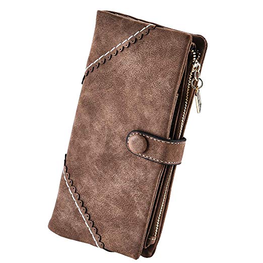 Women Vegan Leather Wallet Bifold Clutch Large Capacity Card Organizer Buckle Long Purse for Girls Candy Color (Coffee)