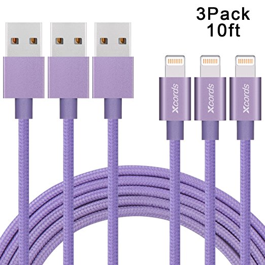 Xcords(TM) 3Pack 10ft iPhone Charging Sync Cable Charger Lightning to USB Cable with 8-Pin Connector for iPhone 7/7 Plus/6/6 Plus/6s/6s Plus /5/5s/5c iPad Mini, iPad Air, iPod and more(purple)