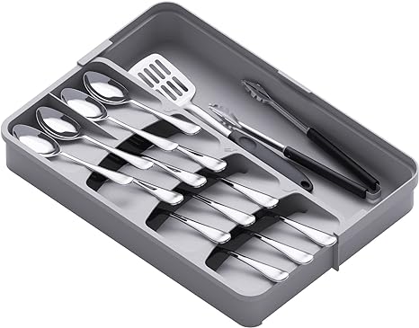 Lifewit Silverware Organizer, Compact Utensil Organizer for Kitchen Drawer, Expandable Flatware and Cutlery Tray, Adjustable Plastic Spoons Forks Knives Storage Holder Organization, Gray