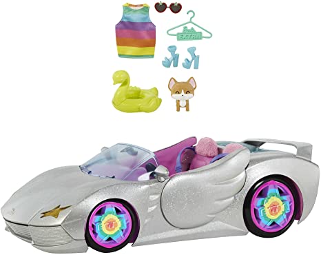 Barbie Extra Vehicle, Sparkly Silver 2-Seater Car with Rolling Wheels, Pink Interior, Puppy & Pet Pool, 1 Top & 2 Pairs of Shoes, Gift for Kids 3 Years Old & Up