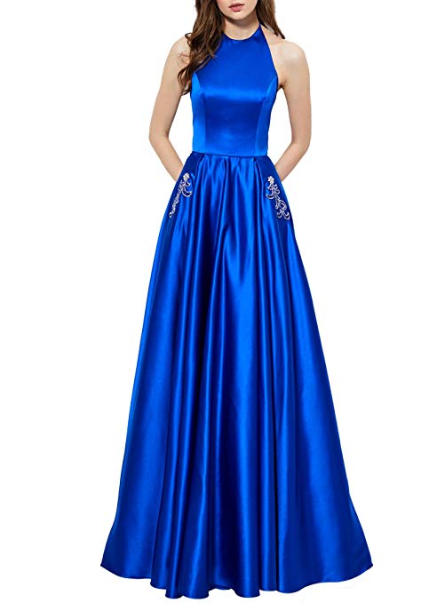 Beauty Bridal Women's Halter Beaded Satin Prom Dresses with Pockets Backless Formal Evening Party Gowns 2018 Long L068