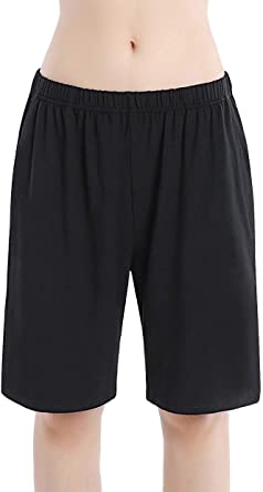 HBY Women Pajamas Shorts Cotton Black Long Sleep Shorts Stretchy Lounge Shorts with Pockets
