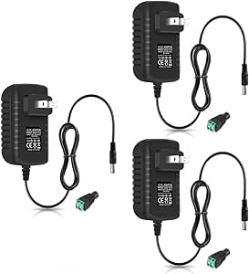 12V Power Supply, 12 Volt 1A 12W DC Power Supply with On Off Switch, Black Switching LED Power Adapter, AC 110V to 12V Transformer Plug for LED Strip Lights with 5.5/2.1 DC Female Connector, 3 Pack