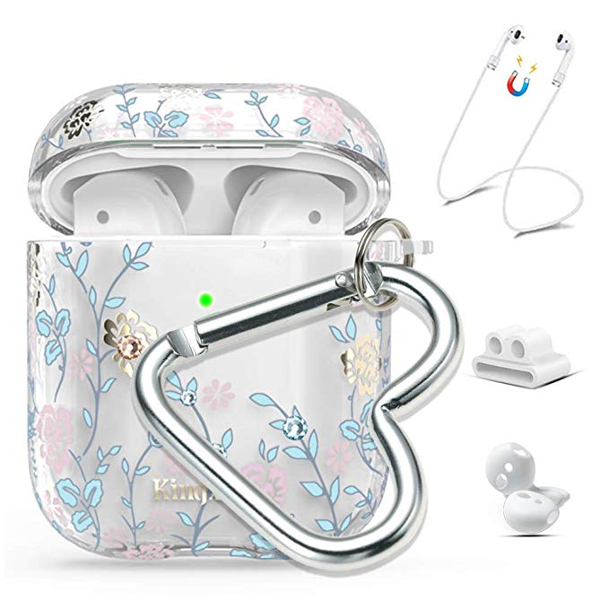 Queenxbar Airpods Case Cover, Clear Hard PC Airpods Cover Sparkle Crystals from Swarovski with AirPods Strap/Ear Hook/Watch Band Holder/Heart-Shaped Carabiner for Airpods 1 & 2(Front LED Visible)