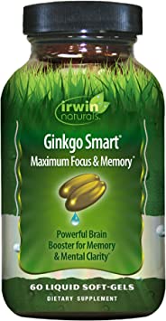 Irwin Naturals Ginkgo Smart Powerful Nootropic Brain Booster - Supports Maximum Memory, Focus & Mental Clarity with DMAE, Clubmoss, Choline & Acetyl L-Carnitine - 60 Liquid Softgels