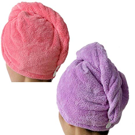 Lesirit Microfiber Hair Drying Towel with Button Ultra Absorbent Twist Hair Turban Quick Drying Cap Hair Wrap Pack of 2 (E)