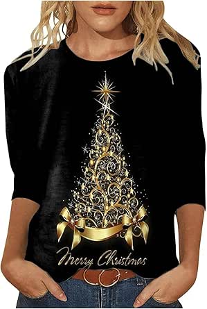 3/4 Length Sleeve Womens Tops Dressy Christmas Shirts Loose Fit Crew Neck T Shirts Fashion Graphic T-Shirts 2024