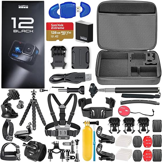 GoPro HERO12 (Hero 12) Black - Waterproof Action Camera with 5.3K Ultra HD Video, 27MP Photos, 1/1.9" Image Sensor, Live Streaming, Webcam, Stabilization   128GB Card, 50 Piece Accessory Kit - Bundle