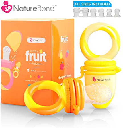 NatureBond Baby Food Feeder / Fruit Feeder Pacifier (2 PCs) - Infant Teething Toy Teether in Appetite Stimulating Colors | Includes 6 PCs All Sizes Silicone Sacs (Sunshine Orange & Lemonade Yellow)