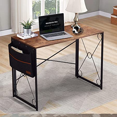 VECELO Writing Computer Folding Desk/Sturdy Metal Laptop Table with Storage Bag for Home Office,Brown, 39 in x 19 in x 29