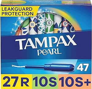 Tampax Pearl Tampons Multi Pack, with LeakGuard Braid, Regular/Super/Super Plus Absorbency, Unscented, 47 Count