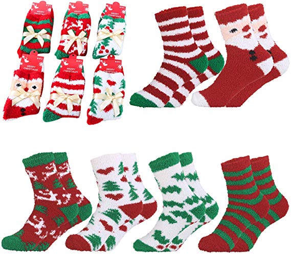 Christmas Socks,Aniwon 6-Pair Xmas Fuzzy Cozy Slipper Socks Winter Warm Thick Home Socks For Women Girls