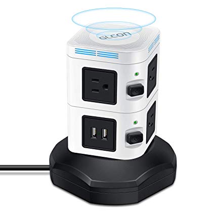 Power Strip Tower - GLCON Surge Protector with 7.5W 10W Fast Wireless Charger   3000W 13A 6 Outlet Plugs   4 USB Slots   6ft Long Extension Cord - Charging Station for Home Office