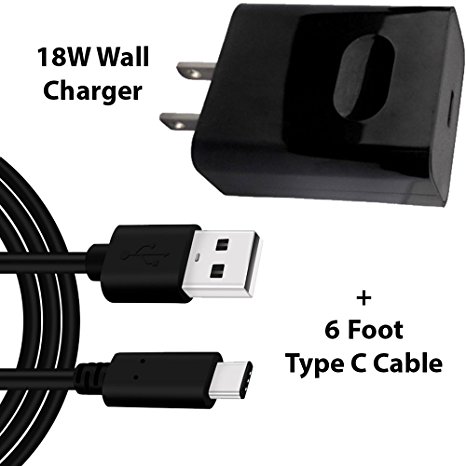 USB Type-C 6 FOOT Cable QC 3.0 with 18W Rapid Fast Wall Charger for Samsung Galaxy S8 S8 Plus Note 8 S9 S9 Plus, LG G6 G5 V30 V20, Pixel 2, HTC U11 Nokia 8 Nexus 5x 6p, GoPro Hero 6 OnePlus 5 By Moona