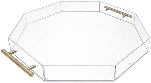 Isaac Jacobs Clear Octagon Acrylic Serving Tray (18x18) with Gold Metal Handles, Spill-Proof, Stackable Organizer, Space-Saver, Food & Drinks Server, Indoors / Outdoors, Lucite Storage Décor & More