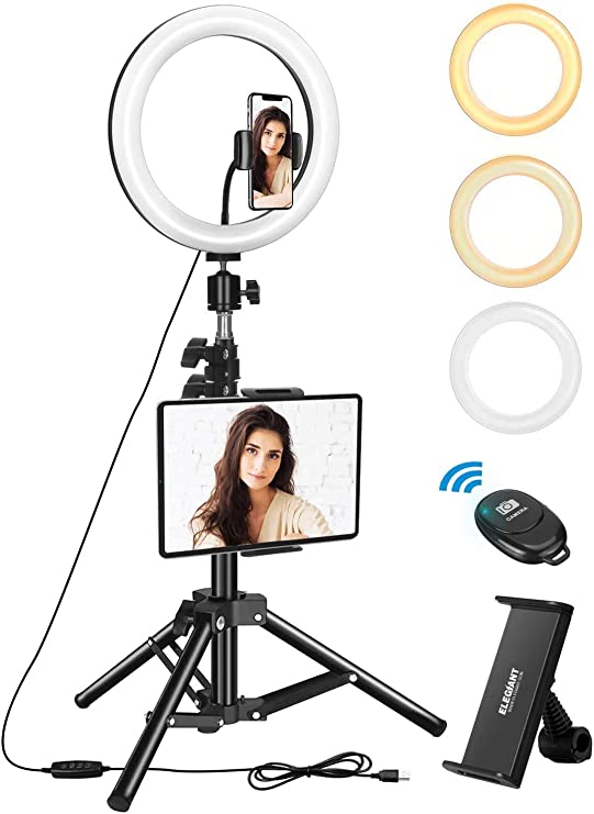 ELEGIANT 10" LED Lumière Anneau avec Trépied 134 cm, Télécommande Bluetooth, 3 Mode d'éclairage et 10 Niveaux de Luminosité Lampe Annulaire pour Tablette Téléphone Caméra Maquillage Youtube Vidéo