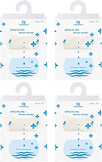 Freegrace Moisture Absorber Hanging Bags - Natural Dehumidifier Packets for Closet, Wardrobe, Kitchen, Bathroom - Humidity Removal Desiccant Hangers - Pack of 4, 11.64oz Calcium Chloride Dihydrate