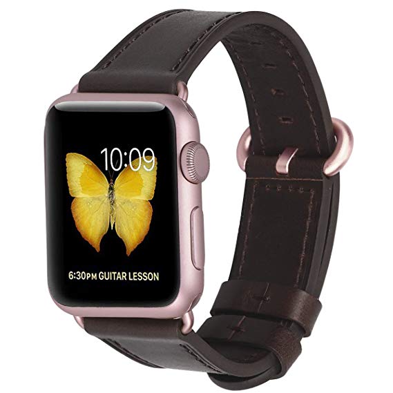 Compatible Iwatch Band 38mm 40mm - PEAK ZHANG Women Genuine Leather Replacement Strap with Rose Gold Adapter and Buckle Compatible Series 4 (40mm) Series 3 2 1 (38mm), Brownish