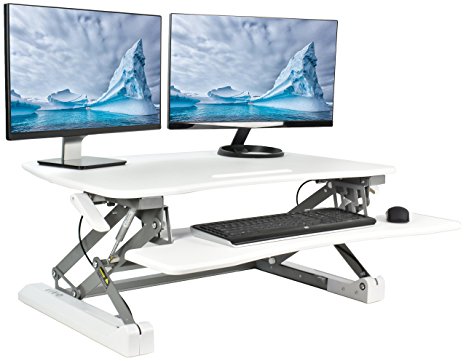 VIVO White Deluxe Height Adjustable Standing Desk 35" Tabletop Monitor Sit to Stand Laptop Riser Removable Keyboard Tray Platform Converter (DESK-V000DW)