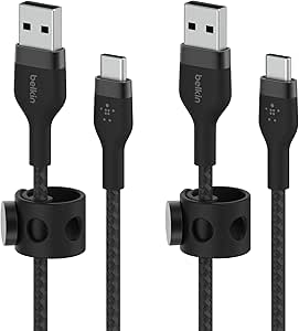 Belkin BoostCharge Pro Flex Braided USB-C to USB-A Cable (6.6ft/2M), USB-C USB-IF Certified Fast Charging Cable for iPhone 16, iPad Pro, Galaxy S24, S23, Note, Pixel, & More - Black (2-Pack)