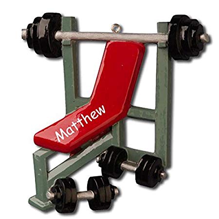 Personalized Weight Lifting and Exercise Bench with Free Weights Gym Equipment Hanging Christmas Tree Ornament with Custom Name
