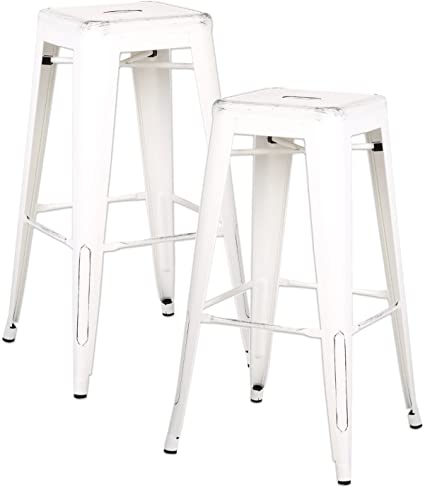 AC Pacific Modern Backless Light Weight Industrial Metal Barstool 4 Leg Design, 30" Seat Bar Stools (Set of 2), Distressed White Finish