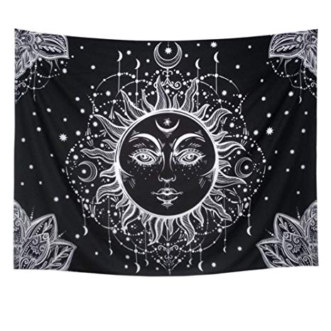 Racunbula Sun and Moon Tapestry Wall Hanging Psychedelic Wall Tapestry Black & White Celestial Tapestry Indian Hippy Bohemian Mandala Tapestry for Bedroom Living Room Dorm