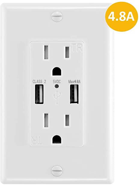 4.8A USB Wall Outlet Fast Charge - Duplex 15A Tamper Resistant Socket USB Outlets Receptacle - ETL Listed Dual High-Speed Charger USB Electrical Outlets - Wall Plate Included, White (1-Pack)